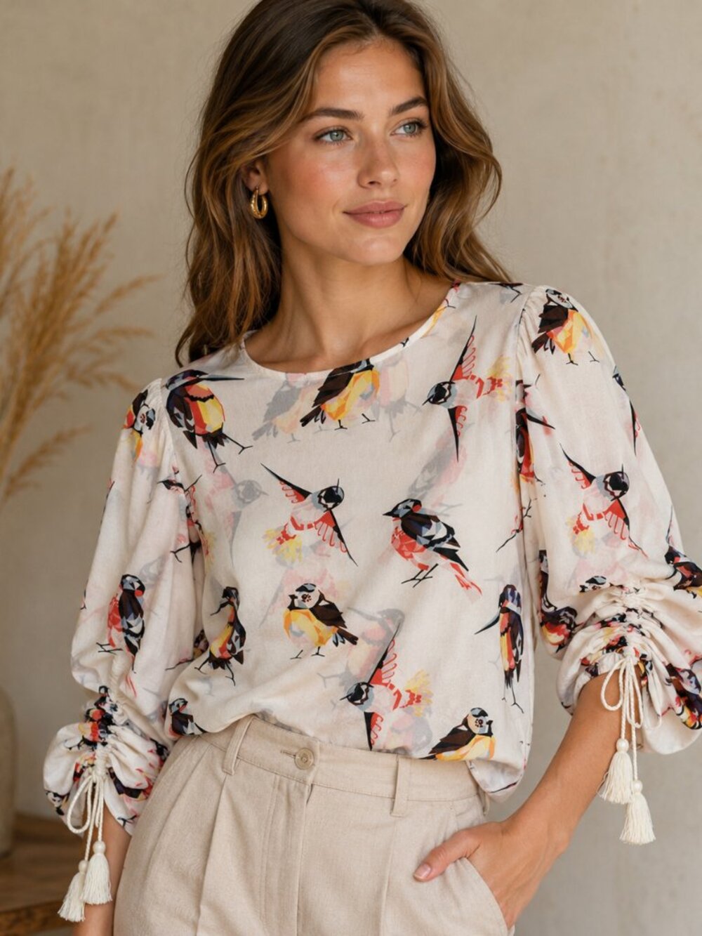 LOVE BINETTI Womens Sz S Geometric bird print Blouse 100% silk